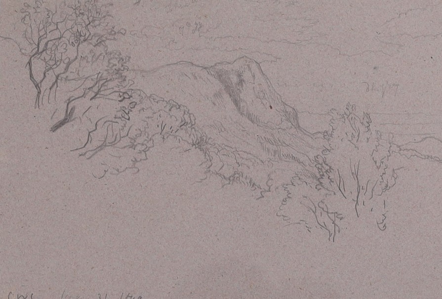 Charles West Cope (1811-1890), pencil drawing, Lakeland Fells, initialled and dated 1849, 13 x 20cm and a hand coloured lithograph, 'The Fortress of the Alhambra', after David Roberts, 40 x 28cm.